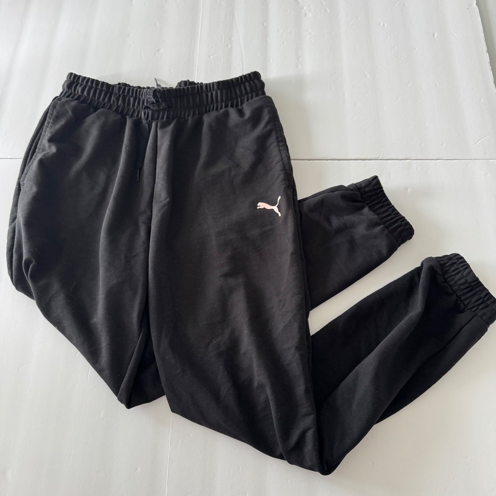 Puma Womens Jogger Pants Black Pink Logo Elastic Waist Drawstring Size Small